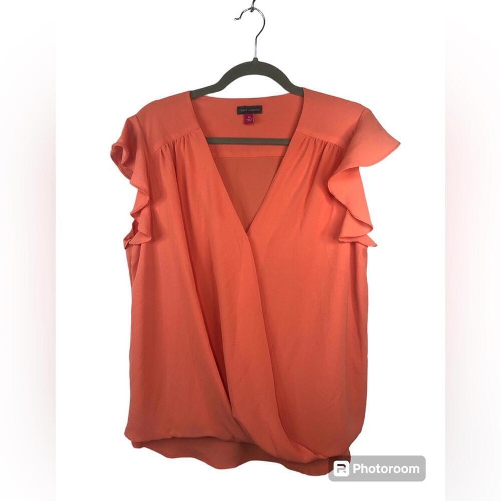Vince Camuto Blouse Frilly Ruffled Sleeve High Low Softly Gathered Front